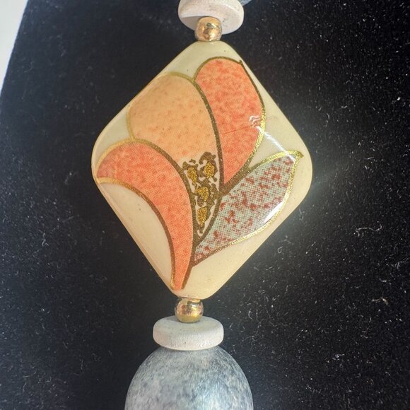 Vintage Handmade porcelain & bead Necklace With Floral Pendant From Japan - Picture 3 of 11